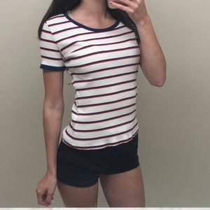 red and blue striped white ribbed shirt cute
